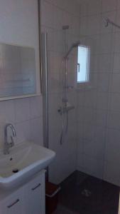 a bathroom with a shower and a sink at Ferienwohnung Klein am Natursteig Sieg in Bitzen