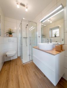 a bathroom with a sink and a shower and a toilet at Backhaus West in Bisdorf