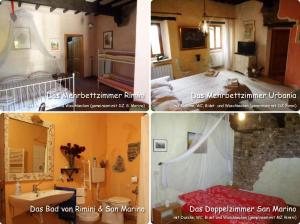 un collage di quattro foto di una camera da letto di Ferienhaus Ca Piero mit Pool bis 12 Personen a Urbino