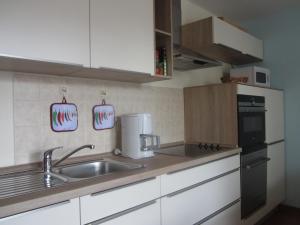 a small kitchen with a sink and a microwave at Seepferdchen App 11 in Dierhagen
