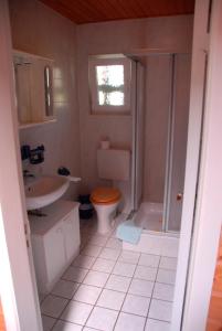 La salle de bains est pourvue de toilettes, d'un lavabo et d'une douche. dans l'établissement Ferienwohnung Cantay - Nr1, à Fehmarn