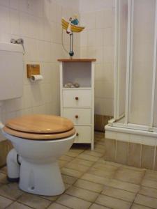 a bathroom with a toilet with a wooden toilet seat at FW Einfeldt in Hinrichsdorf
