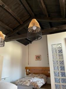 um quarto com 2 camas e 2 lustres em Estudio Pajar rural con bonito jardín - Los Gayoles Rural em Castropol