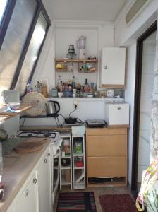 a small kitchen with a stove and a refrigerator at Apartment CEPIC in Herceg-Novi