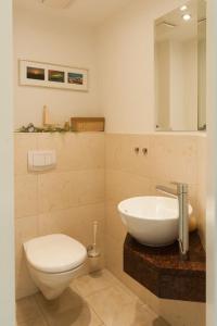 ein Badezimmer mit einem weißen WC und einem Waschbecken in der Unterkunft Magister Wigbold 12 in Zingst