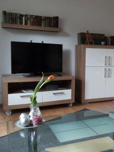 un salon avec une télévision et une table avec un vase et une fleur dans l'établissement Ferienwohnung Margot in VS, à Villingen-Schwenningen