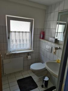 ein Bad mit einem WC, einem Waschbecken und einem Fenster in der Unterkunft Haus Lauterberg 1 - Das Urlaubsdomizil im Harz in Bad Lauterberg