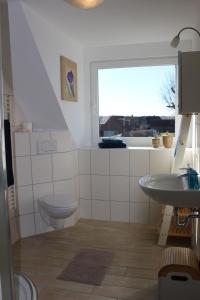 a bathroom with a toilet and a sink and a window at Bauernhof Höpner "Im Backhaus" in Vadersdorf