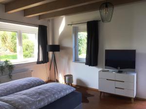 a bedroom with a bed and a television on a dresser at Gscheidles Ferienwohnung 40 munterm Haigern Talheim in Talheim
