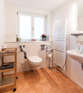 La salle de bains est pourvue de toilettes et d'un lavabo. dans l'établissement Hirschberg, à Bad Wiessee