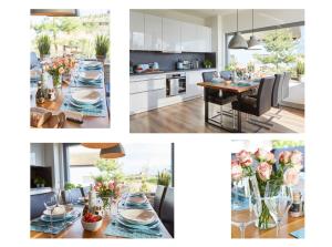 a collage of photos of a kitchen and a table with flowers at Ostsee - Reetdachhaus Nr 3 "Südstrand Lodge Marina-Bay" im Strand Resort in Heiligenhafen
