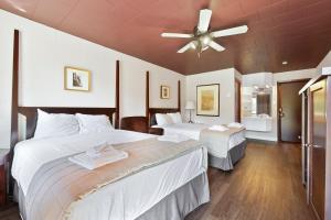 - une chambre avec 2 lits et un ventilateur de plafond dans l'établissement Auberge Pique Nique, à Shawinigan
