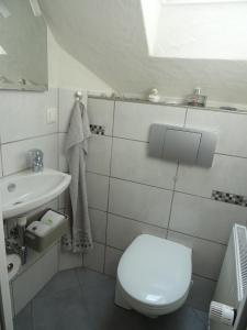 a white bathroom with a toilet and a sink at 5-Sterne-Fewo "Brillant" in Allenbach