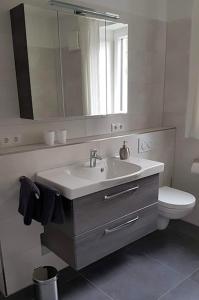 y baño con lavabo, aseo y espejo. en VILLA BERGAUF, Studio Apartment Kaiserin Elisabeth Sisi INKL KÖNIGSCARD !!, en Hohenpeißenberg