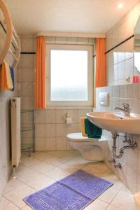 uma casa de banho com um lavatório, um WC e uma janela. em Landglück em Klausdorf