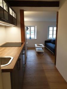 uma cozinha com um lavatório e um sofá num quarto em Torhaus Rattelsdorf - Wohnung Lilie em Rattelsdorf