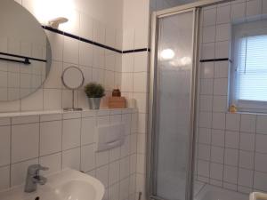 La salle de bains est pourvue d'une douche, d'un lavabo et d'un miroir. dans l'établissement Gästehaus Whg 1, à Prerow