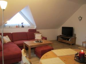 溫特貝格的住宿－Ferienwohnung Rothaarsteig in Winterberg-Neuastenberg，客厅配有红色沙发和电视