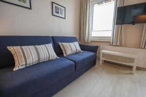 ein blaues Sofa mit zwei Kissen im Wohnzimmer in der Unterkunft Zur schönen Aussicht - FW 5 in Dahme