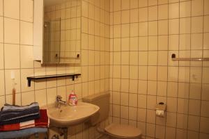 a bathroom with a sink and a toilet at Hasen Apartment Lingen in Lingen