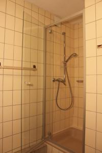 a shower in a bathroom with a glass door at Hasen Apartment Lingen in Lingen