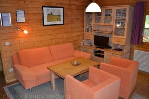 a living room with a couch and chairs and a television at Blockhaus Hedwig Haus 10 in Stamsried