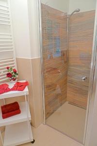 a shower with a glass door in a bathroom at Kapitän ParowBrigantine in Zingst