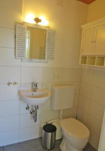 La salle de bains est pourvue de toilettes et d'un lavabo. dans l'établissement Ferienwohnung Vöst, à Peiting