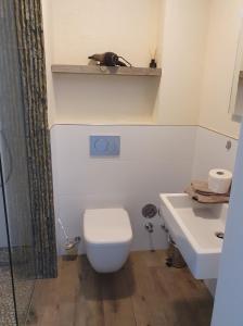 a bathroom with a toilet and a sink at Fehmarn-OstseeferienStrandresidenz VogelflugApp 9 in Fehmarnsund