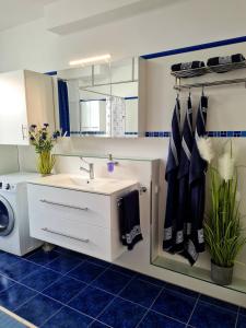 a bathroom with a sink and a washing machine at Apartment Nordstern in Baabe