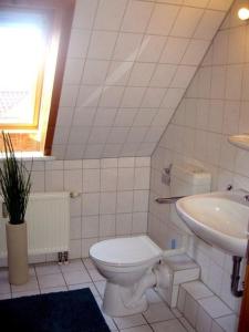 uma casa de banho com um WC e um lavatório em Ferienwohnung Uferschwalbe em Rerik