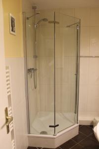 a shower with a glass door in a bathroom at Hanseat II App 184 "Meerblick Grömitz" in Grömitz