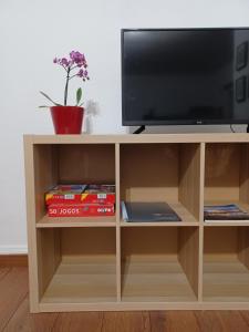 洛萨De Cá - suite com acesso independente e kitchenette的娱乐中心,提供电视和书籍