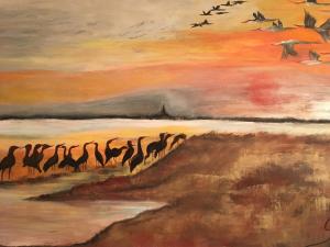 a painting of a group of birds in a field at Likedeeler Weg 1 Whg 21 in Zingst