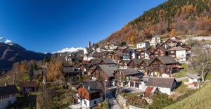 uma pequena cidade nas montanhas com casas em Appartamenti Bertazzi em Cavagnago