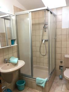 a bathroom with a shower and a sink at "Uns Schün" Nr 2 in Fehmarn