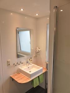 y baño con lavabo, espejo y ducha. en Ferienhaus Weiß, Sandra Weiß en Füssen