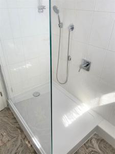 y baño con ducha y puerta de cristal. en Yachthafenhöh Whg3 en Grömitz