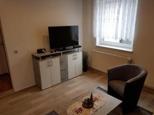 een woonkamer met een televisie en een stoel bij Waldblick - a48825 in Lauscha