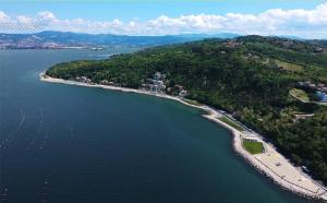 eine Luftansicht einer Insel in einem Wasserkörper in der Unterkunft Villa Ambrosia in Muggia