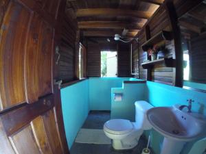 La salle de bains est pourvue de toilettes et d'un lavabo. dans l'établissement Haus mit trop Garten am Cahuita Nationalpark, à Comadre