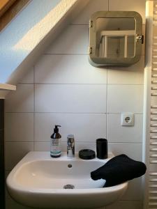 La salle de bains est pourvue d'un lavabo et d'un miroir. dans l'établissement Mini-Ferienhaus Petersberg, à Eckernförde