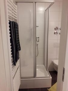 a shower with a glass door in a bathroom at Ferienwohnung historisches Teisendorf in Teisendorf