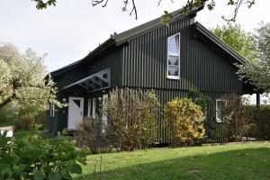 una casa nera con una porta bianca di Ferienhaus Nr 8D, Feriendorf Hagbügerl, Bayr Wald a Waldmünchen