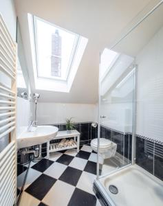 a bathroom with a skylight and a sink and a shower at Sturmmöwe in Westermarkelsdorf