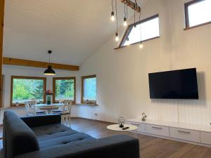 een woonkamer met een bank en een tv bij Luxus Ferienhaus, direkt am Wald, Terrasse&Garten, Grill, ruhige Lage, WLAN, Wandern, in Wienrode