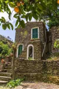 an old stone house with green windows and stairs at Villa Smith in Vernazza