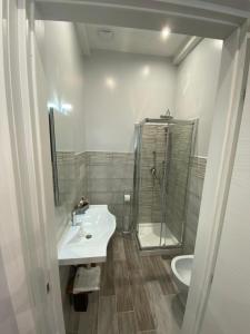 La salle de bains est pourvue d'un lavabo, d'une douche et de toilettes. dans l'établissement B&B Vittorio Emanuele, à Cirò Marina