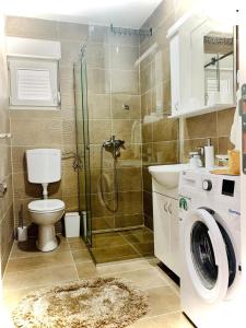 a bathroom with a shower and a washing machine at Apartman Živanović in Valjevo