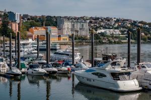 Un montón de barcos atracados en un puerto deportivo con una ciudad en SLEEPBOAT YACHT, en Oporto